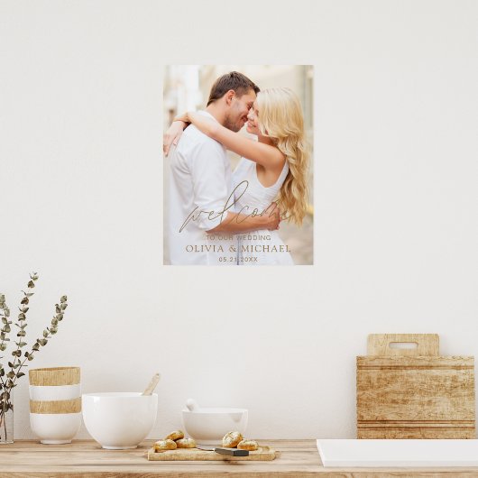 ゴールド モダン スクリプト フォト ウェディング ウェルカム エレガント F ポスター (キッチン)