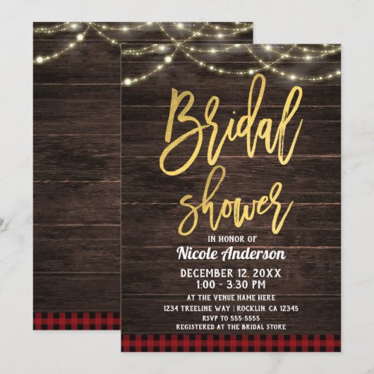 ゴールド モダン スクリプト ラスティック ウッド プライド ブライダル シャワー 招待状 (正面/裏面)