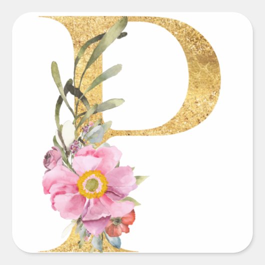 ゴールド モノグラムのアルファベットPと花 スクエアシール (正面)