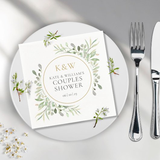 ゴールド モノグラム グリーンのカップル ウェディング シャワー スタンダードカクテルナプキン