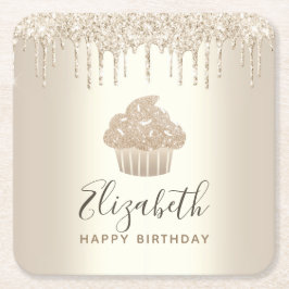 ゴールド モノグラム 名前 カップケーキ グリッター ドリップ スクリプト スクエアペーパーコースター