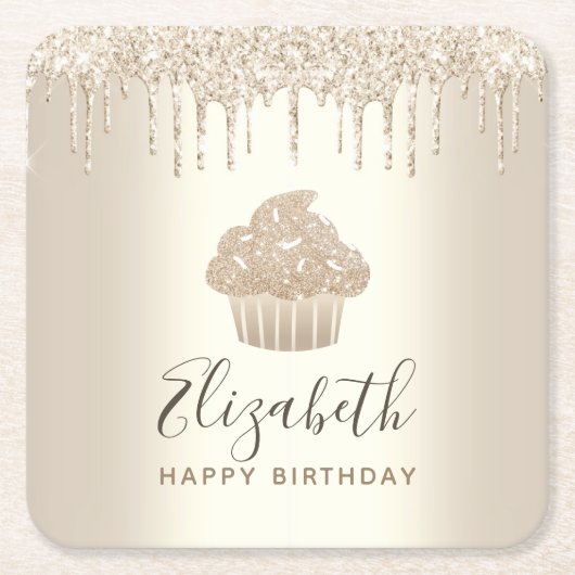 ゴールド モノグラム 名前 カップケーキ グリッター ドリップ スクリプト スクエアペーパーコースター (正面)