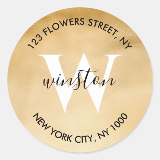 ゴールド モノグラム 返信先アドレス 現代のグリッター ラウンドシール (正面)