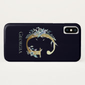 ゴールド モノグラム E ネイビーブルー フローラル 名前 Case-Mate iPhoneケース (裏面(横))