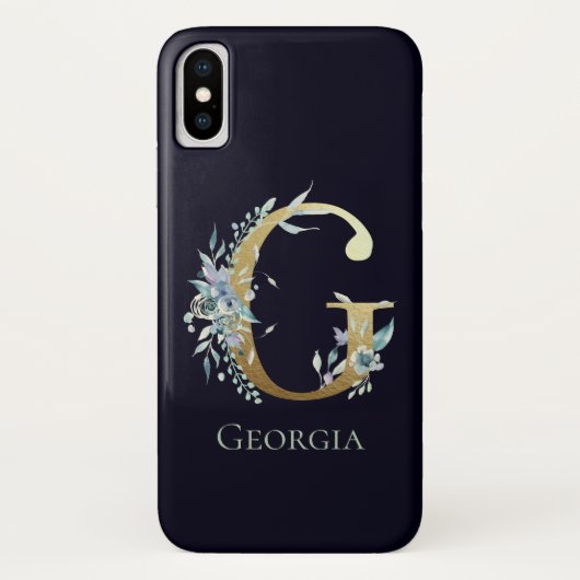 ゴールド モノグラム E ネイビーブルー フローラル 名前 Case-Mate iPhoneケース (裏面)