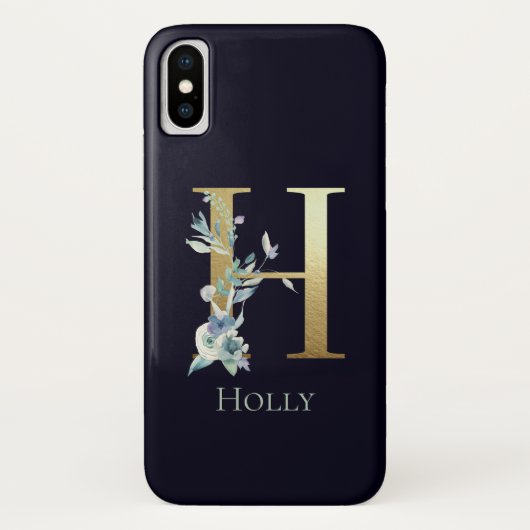 ゴールド モノグラム H ネイビーブルー フローラル 名前 Case-Mate iPhoneケース (裏面)