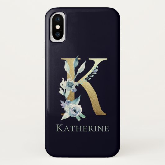 ゴールド モノグラム K ネイビーブルー フローラル 名前 Case-Mate iPhoneケース (裏面)