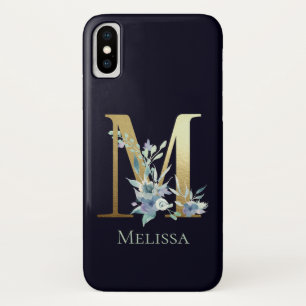 ゴールド モノグラム M ネイビーブルー フローラル 名前 iPhone X ケース