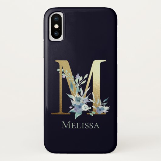 ゴールド モノグラム M ネイビーブルー フローラル 名前 Case-Mate iPhoneケース (裏面)