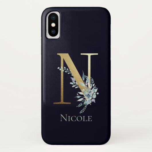 ゴールド モノグラム N ネイビーブルー フローラル 名前 Case-Mate iPhoneケース (裏面)