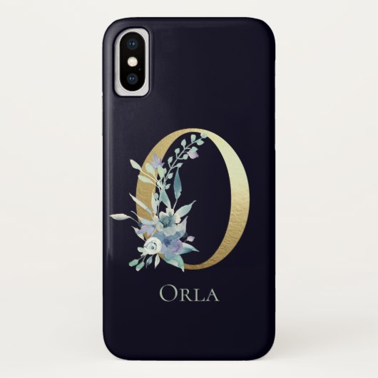 ゴールド モノグラム O ネイビーブルー フローラル 名前 Case-Mate iPhoneケース (裏面)