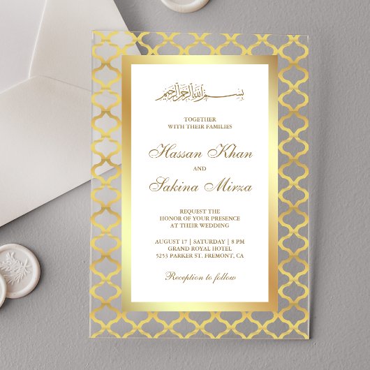 ゴールド モロッカン クワトロフォイル ムスリム ウェディング アクリル招待状