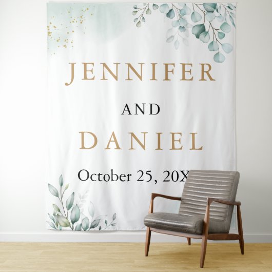 ゴールド ユーカリ グリーン ウェディング ブース バックドロップ タペストリー (インサイチュ)