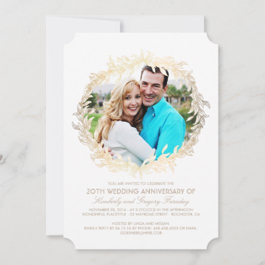 ゴールド ラウレルリース ホワイト フォト ウェディング アニバーサリー 招待状 (正面)