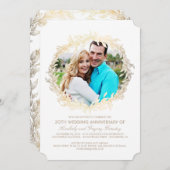 ゴールド ラウレルリース ホワイト フォト ウェディング アニバーサリー 招待状 (正面/裏面)