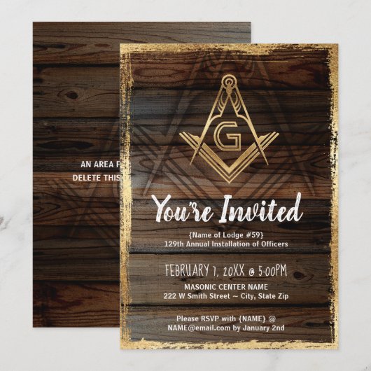 ゴールド ラスティック ウッド メイソン 招待状 | フリーメイソンリー (正面/裏面)