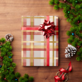 ゴールド+レッドのクリスマス柄チェック ラッピングペーパー