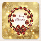 ゴールド&レッドクリスマスリースとBow & Snowflake スクエアペーパーコースター (正面)