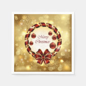 ゴールド&レッドクリスマスリースとBow & Snowflake スタンダードカクテルナプキン (正面)
