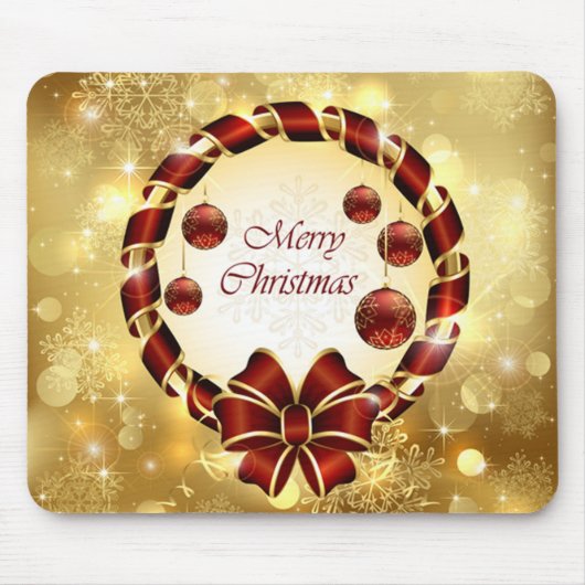 ゴールド&レッドクリスマスリースとBow & Snowflake マウスパッド (正面)