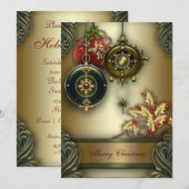 ゴールド レッド グリーン クリスマス ホリデー パーティー 招待状 (正面/裏面)