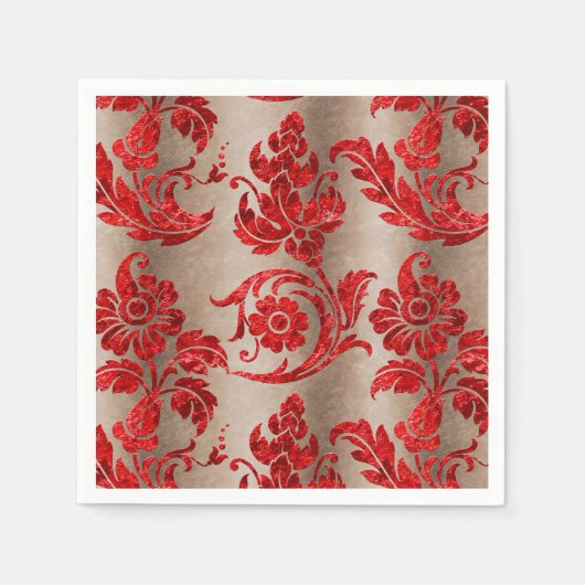 ゴールド レッド ダマスク スタンダードカクテルナプキン (正面)