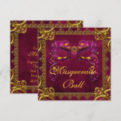 ゴールド レッド バーガンディ マロン マスク マスカレード ボール 招待状 (正面/裏面)