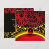 ゴールド レッド ブラック ダマスク ルビー ジェム ストーン  モノグラム 招待状 (正面/裏面)