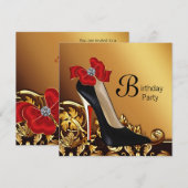 ゴールド レッド ブラック ハイヒール シューズ バースデー パーティー 招待状 (正面/裏面)