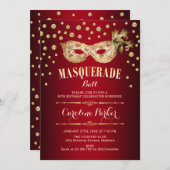 ゴールド レッド マスカレード ボール 誕生日パーティー 招待状 (正面/裏面)