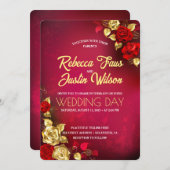 ゴールド レッド ローズ フラワーモダン ボーホ 招待状 (正面/裏面)