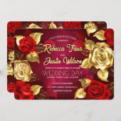 ゴールド レッド ローズ フラワーモダン ボーホ 招待状 (正面/裏面)