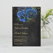 ゴールド ロイヤルブルー フローラル オールインワン ブラック ウェディング 招待状 (スタンド正面)