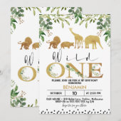 ゴールド ワイルド ワン サファリ 動物 誕生日 招待状 (正面/裏面)