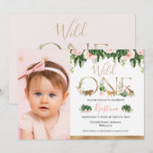 ゴールド ワイルド ワン フローラル サファリ 誕生日 フォト 招待状 (正面/裏面)