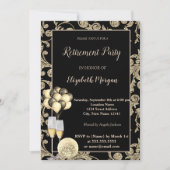 ゴールド ワイン グラス、バルーン、渦巻き 退職パーティー 招待状 (正面)