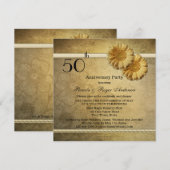 ゴールド ヴィンテージ デイジー フラワー アニバーサリー インビテーション (正面/裏面)