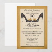 ゴールド ヴィンテージ フラワール シュー 90歳の誕生日招待状 招待状 (正面/裏面)