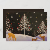 ゴールド ヴィンテージ 雪のクリスマス フォレストの鹿の家族 シーズンカード (正面/裏面)