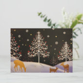 ゴールド ヴィンテージ 雪のクリスマス フォレストの鹿の家族 シーズンカード (スタンド正面)