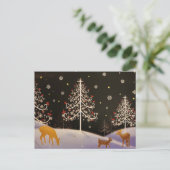 ゴールド ヴィンテージ 雪のクリスマス フォレストの鹿の家族 シーズンポストカード (スタンド正面)