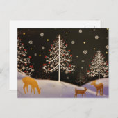 ゴールド ヴィンテージ 雪のクリスマス フォレストの鹿の家族 シーズンポストカード (正面/裏面)