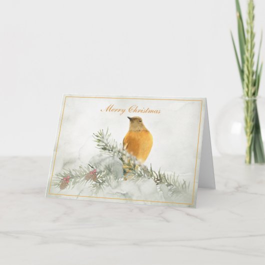 ゴールド ヴィンテージ 鳥の雪のホリデー カード (正面)