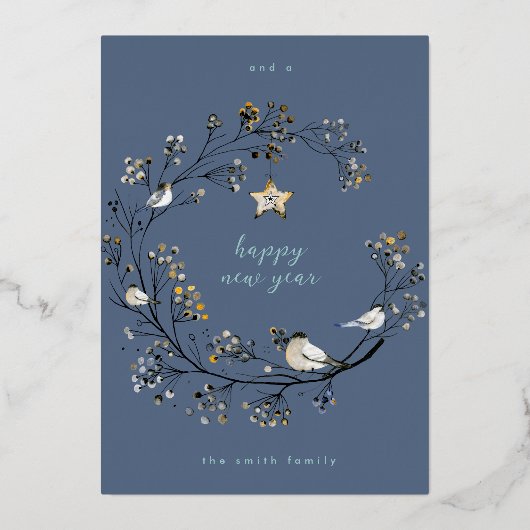 ゴールド |冬のアイスブルーリースクリスマス |新年 箔シーズンカード (裏面)