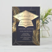 ゴールド 卒業帽 ヤシの葉 大理石 卒業 招待状 (スタンド正面)