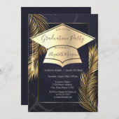 ゴールド 卒業帽 ヤシの葉 大理石 卒業 招待状 (正面/裏面)