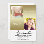 ゴールド 卒業 現代の 2 つの写真 招待状 (正面/裏面)