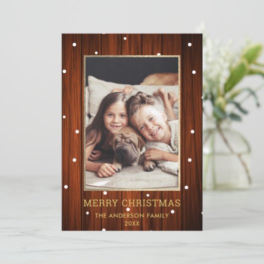 ゴールド |国の素朴木製写真クリスマス シーズンカード (スタンド正面)