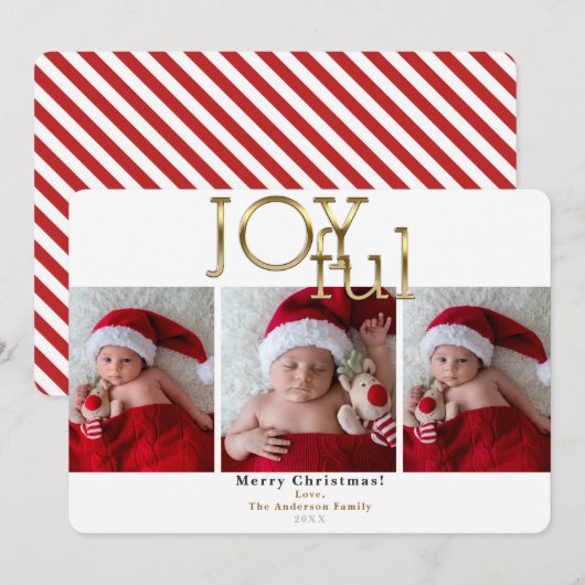 ゴールド 楽しい クリスマス ホリデー ３枚の写真 招待状 (正面/裏面)