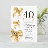 ゴールド+水彩コケットリボン+40歳の誕生日パーティー 招待状 (スタンド正面)
